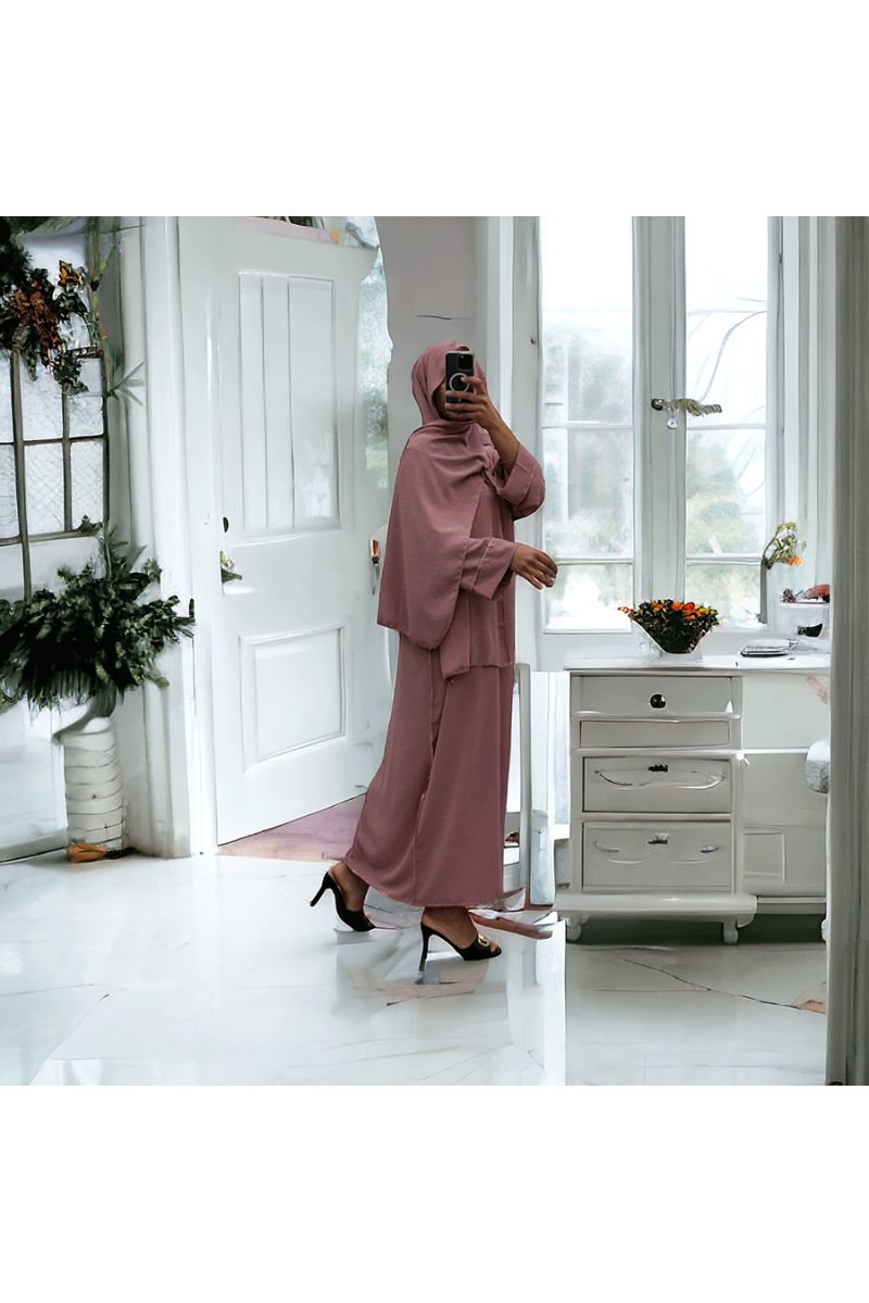 Robe abaya couleur rose poudré avec foulard  intégré  - 2