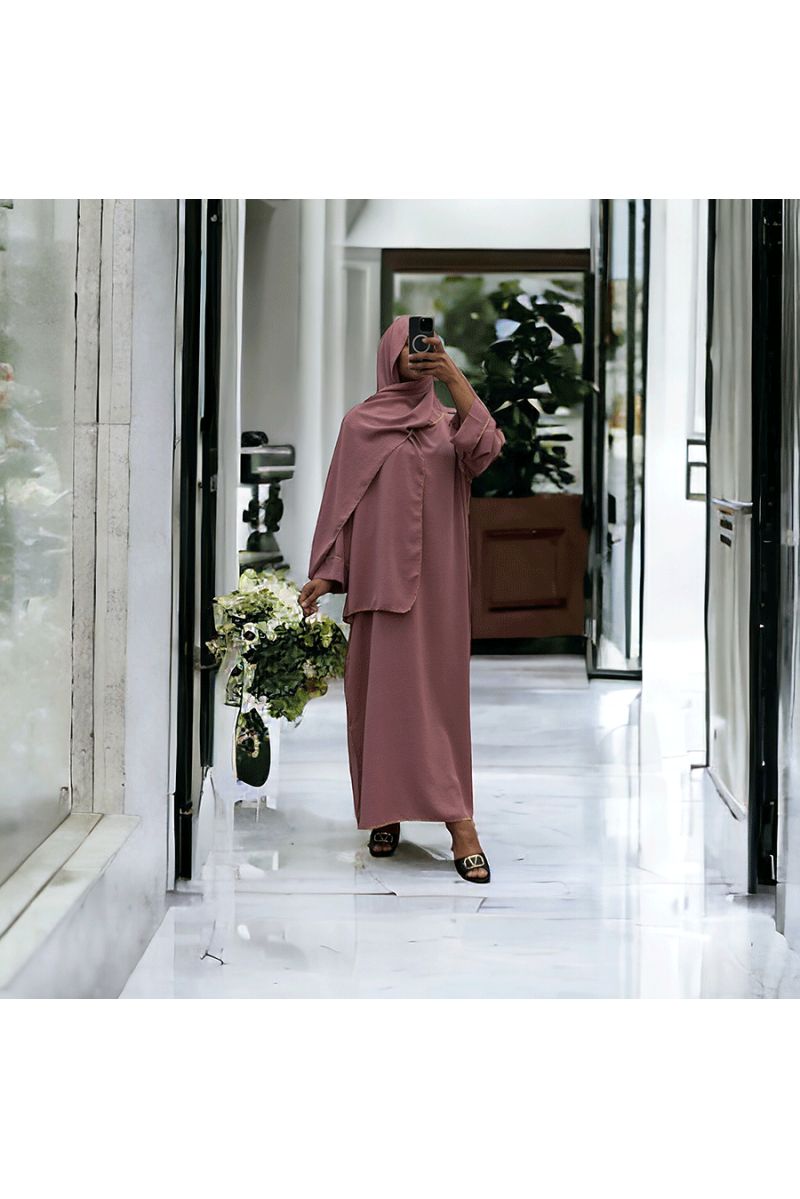 Robe abaya couleur rose poudré avec foulard  intégré  - 3
