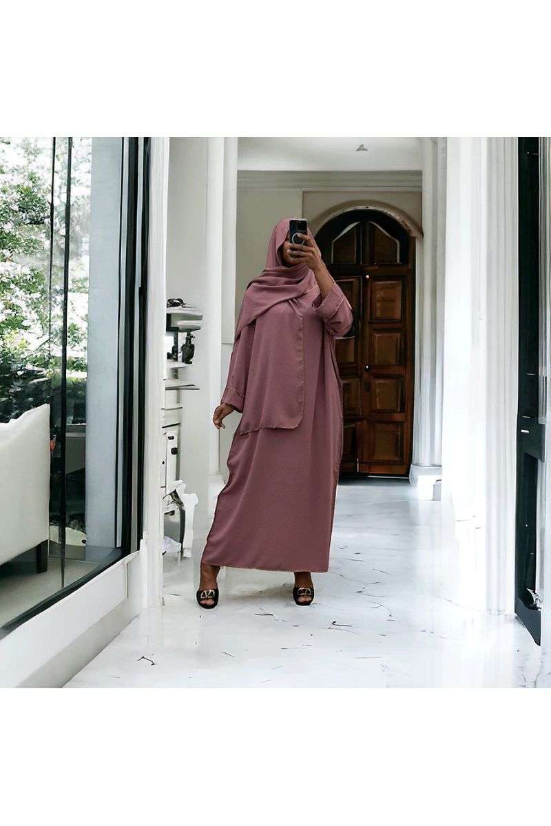 Robe abaya couleur rose poudré avec foulard  intégré  - 4