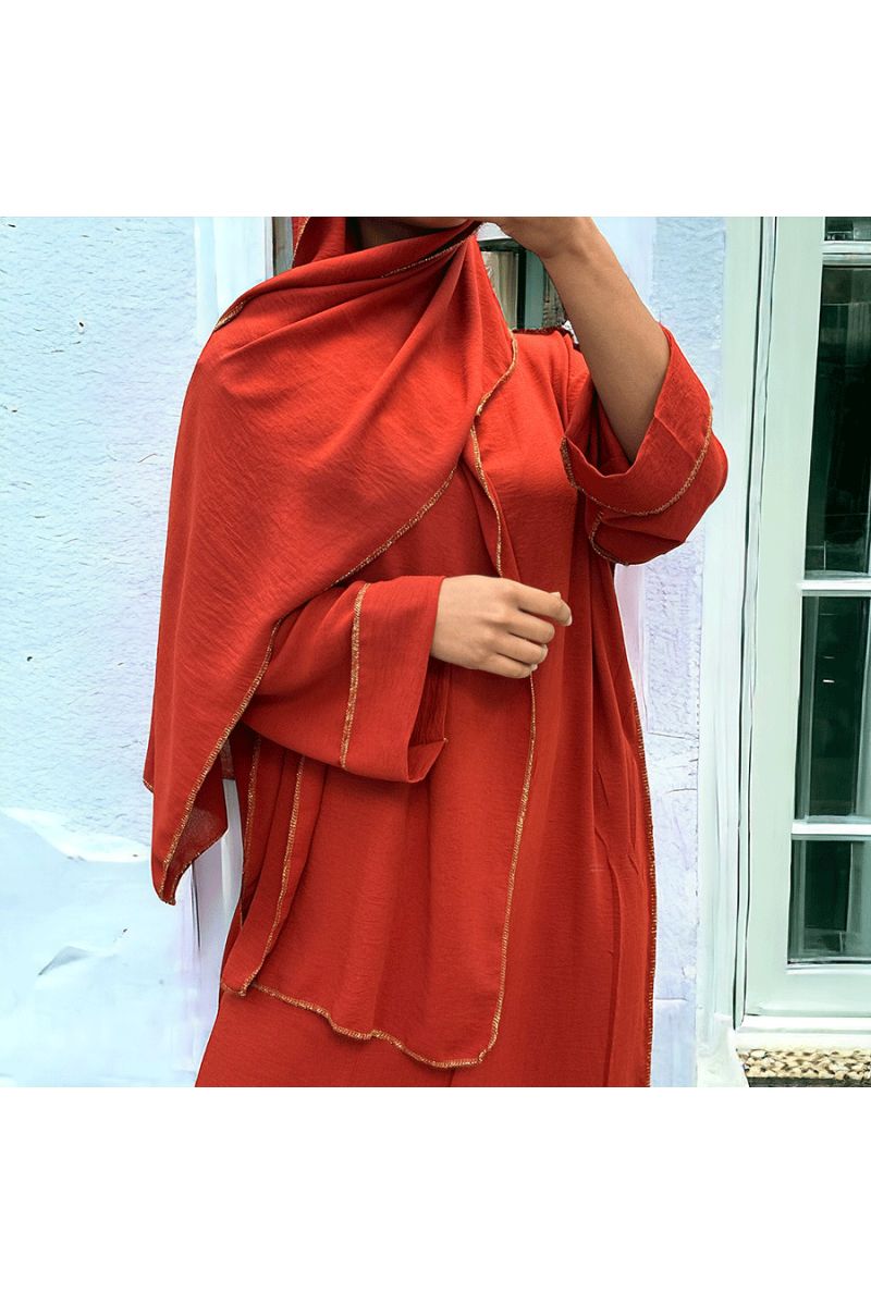 Robe abaya couleur cognac avec foulard  intégré  - 1