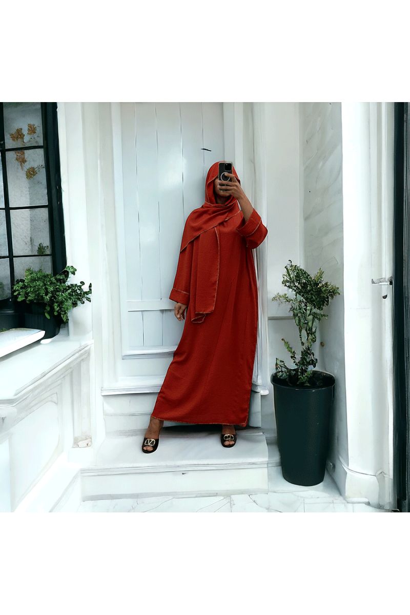 Robe abaya couleur cognac avec foulard  intégré  - 3