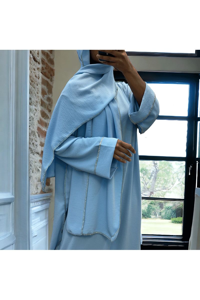 Robe abaya couleur bleu ciel avec foulard  intégré  - 1