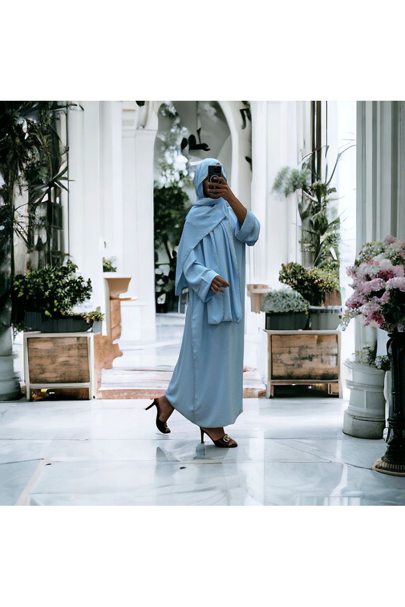 Robe abaya couleur bleu ciel avec foulard  intégré  - 2