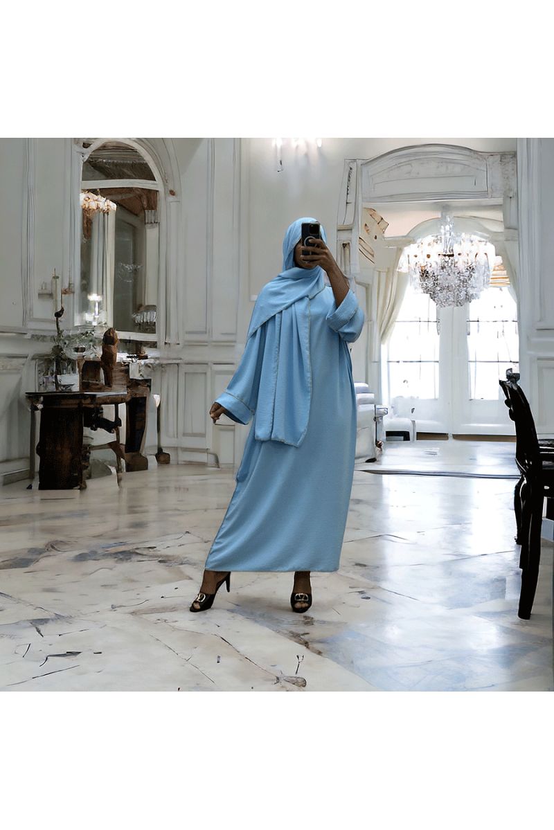 Robe abaya couleur bleu ciel avec foulard  intégré  - 3
