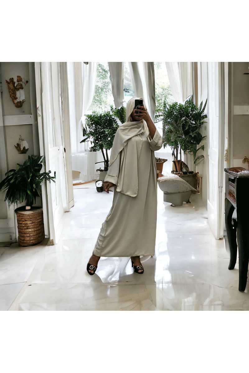Robe abaya couleur beige avec foulard  intégré  - 4