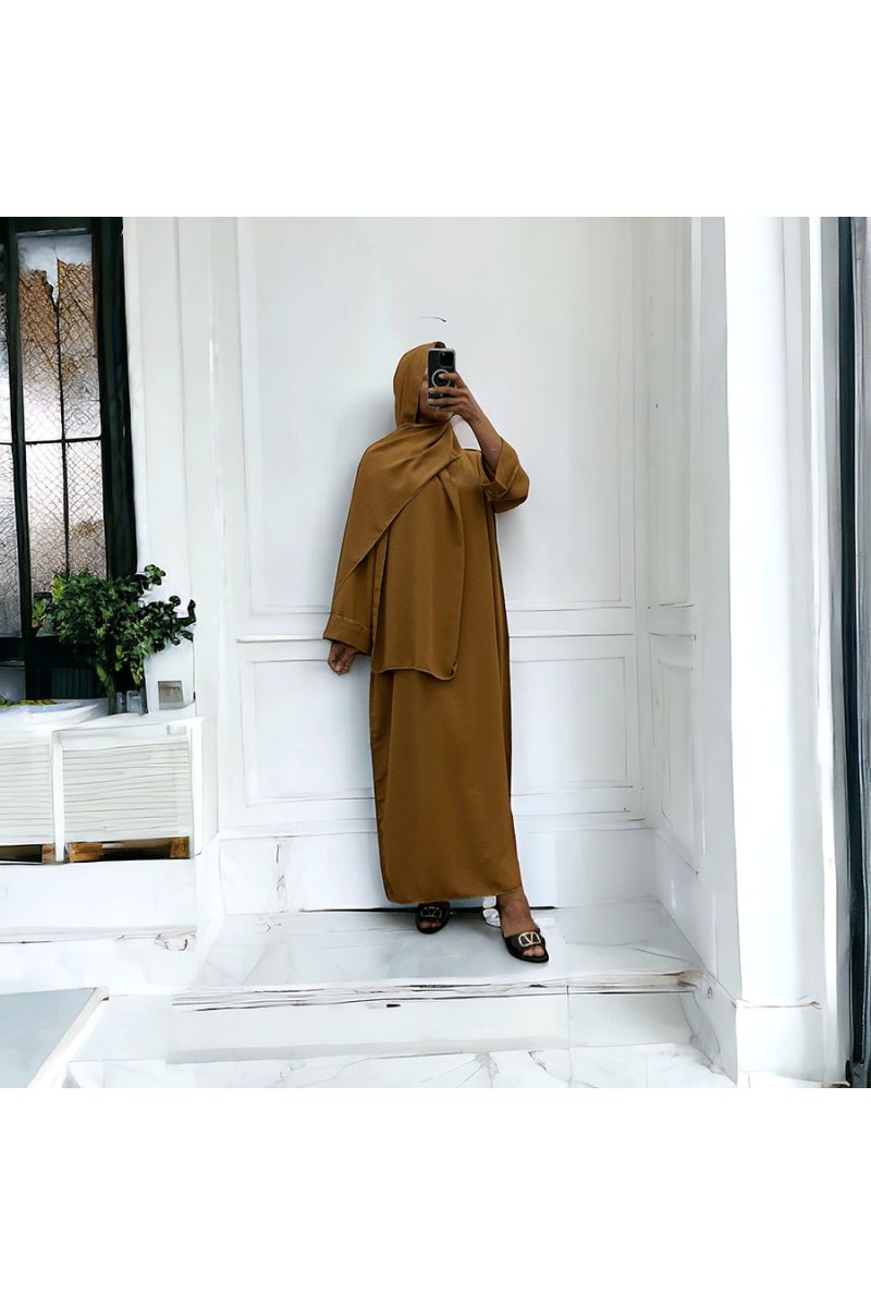 Robe abaya couleur camel foncé avec foulard  intégré  - 5