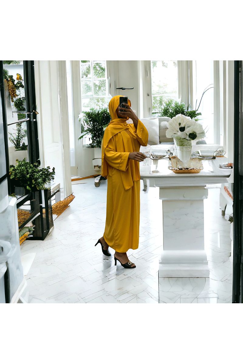 Robe abaya couleur moutarde avec foulard  intégré  - 2