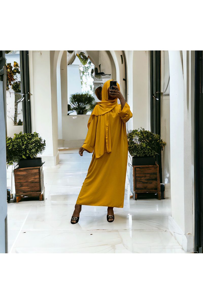 Robe abaya couleur moutarde avec foulard  intégré  - 5