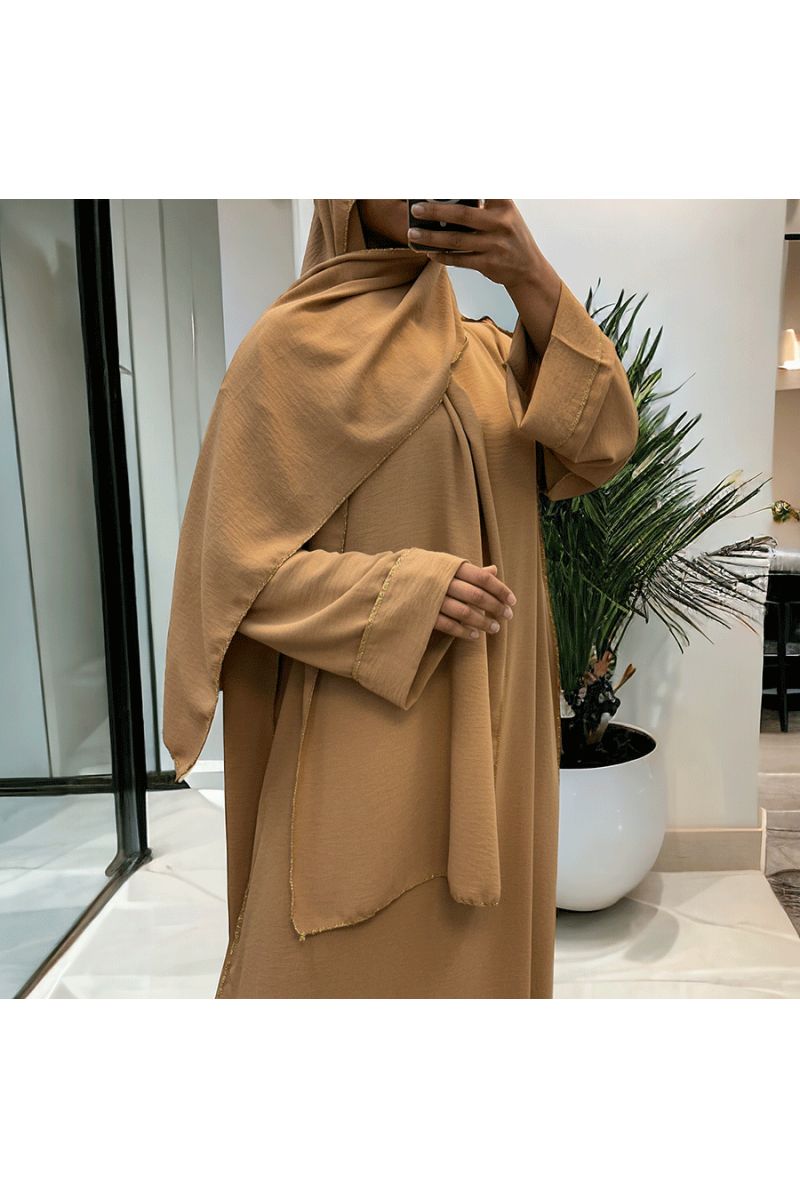 Robe abaya couleur camel avec foulard  intégré  - 1