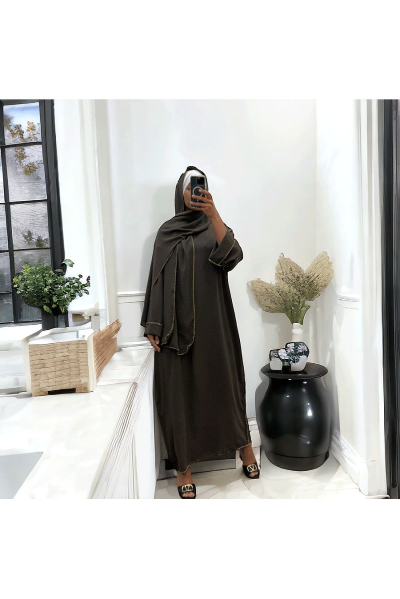 Robe abaya couleur marron avec foulard  intégré  - 2