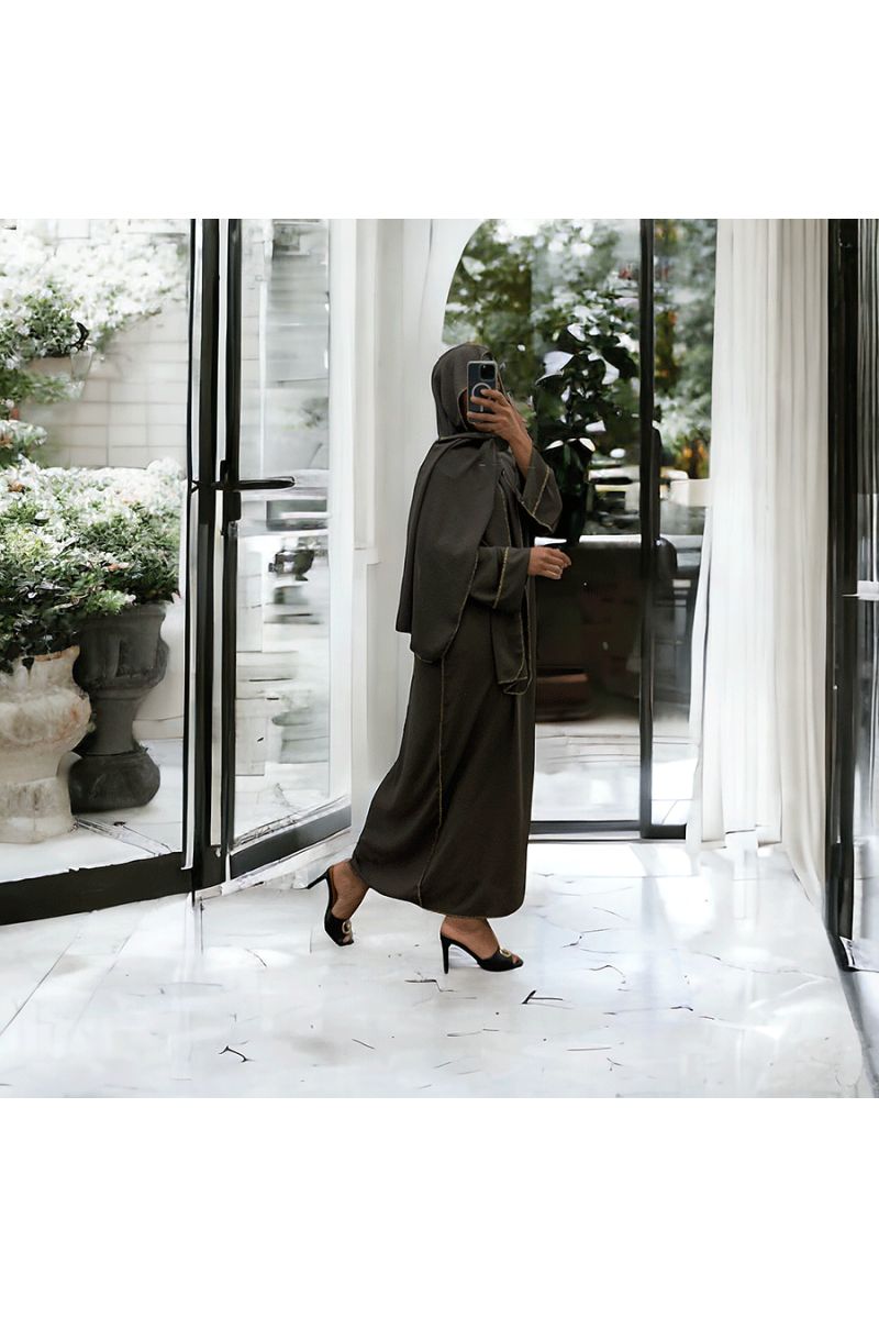 Robe abaya couleur marron avec foulard  intégré  - 3