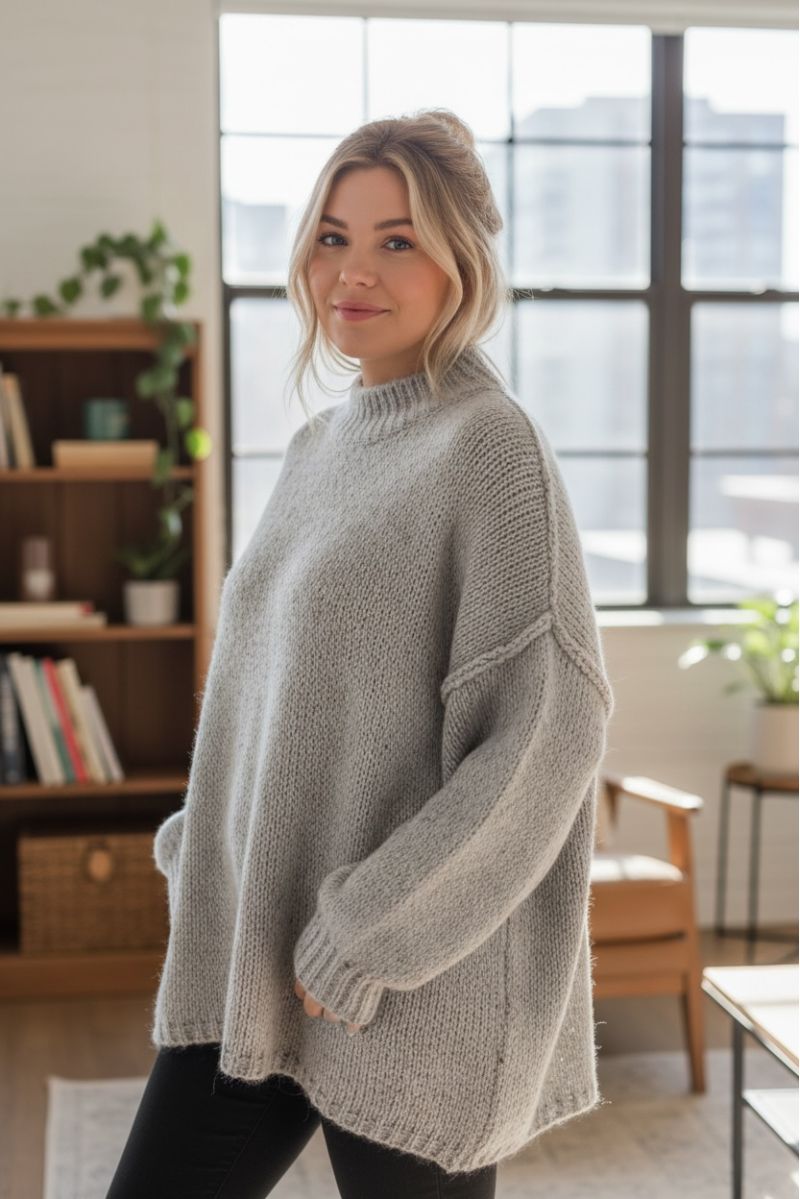 Pull gris clair Col Montant en Maille Douce - Taille Unique - 1