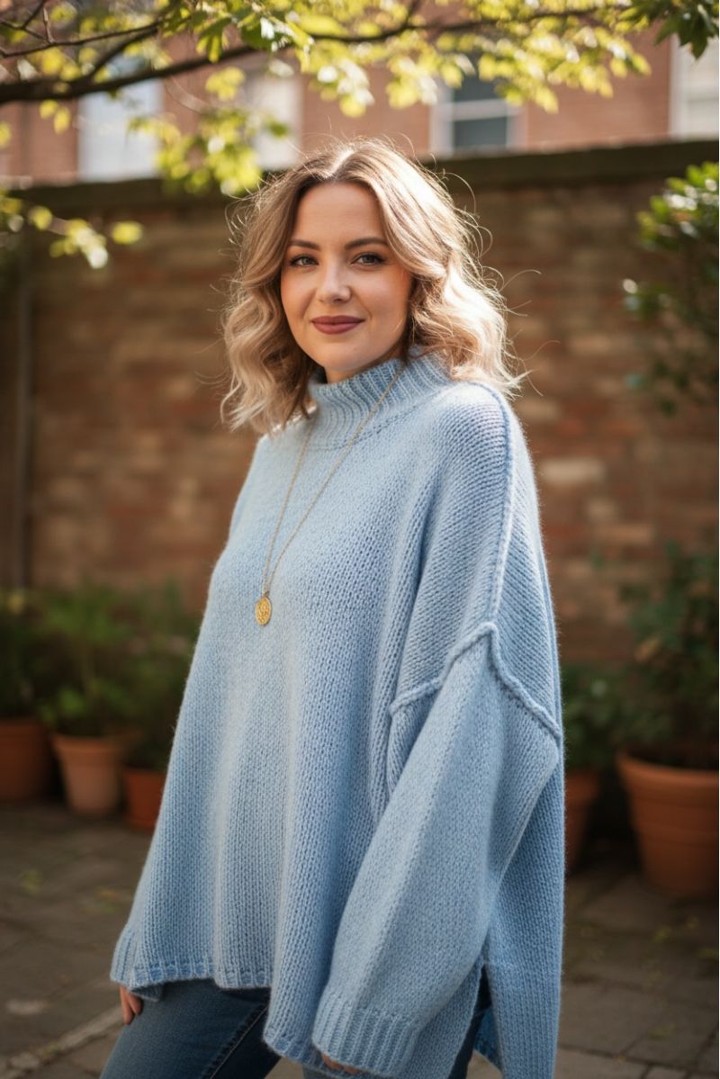 Pull bleu ciel Col Montant en Maille Douce - Taille Unique - 2