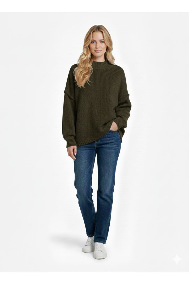 Pull kaki Col Montant en Maille Douce - Taille Unique - 1