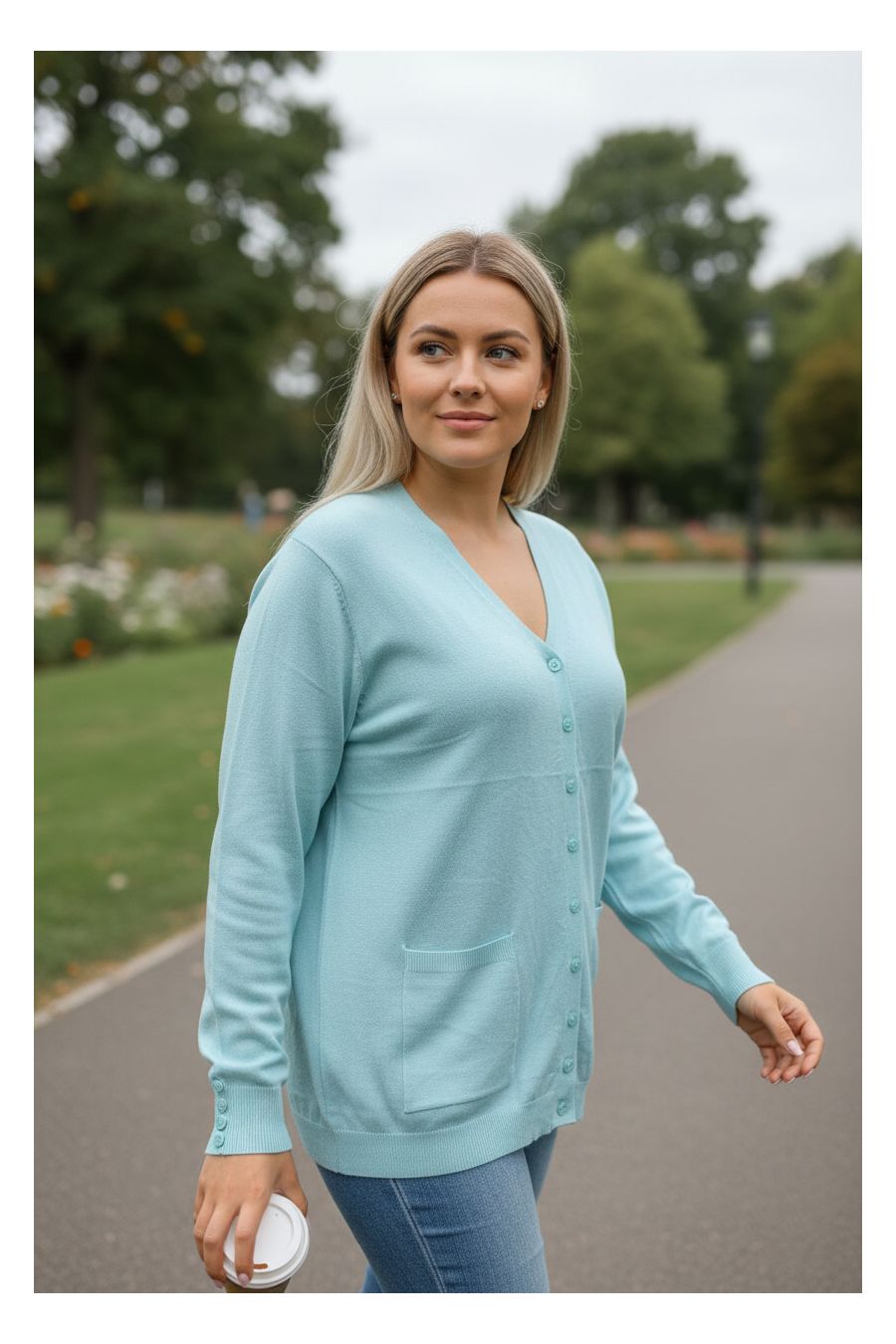 Gilet turquoise Cardigan Maille Douce - Col V - 1