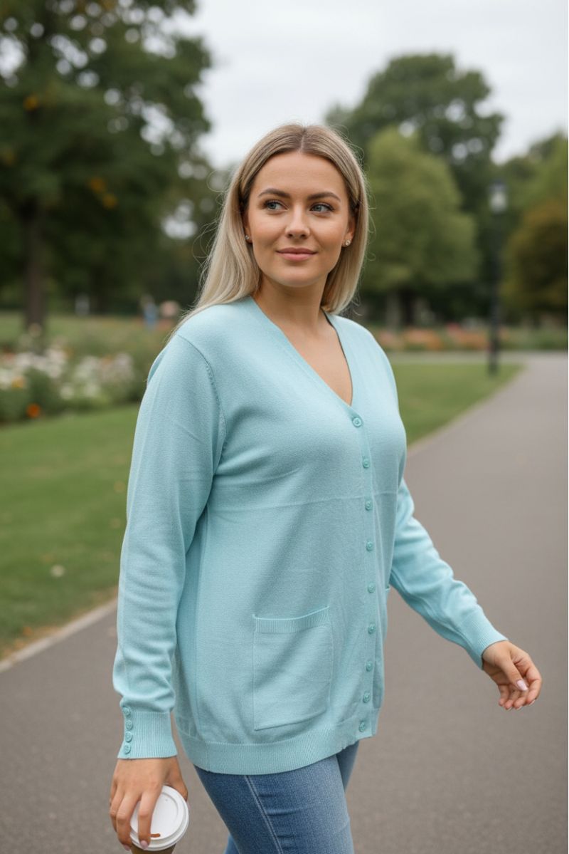 Gilet turquoise Cardigan Maille Douce - Col V - 1