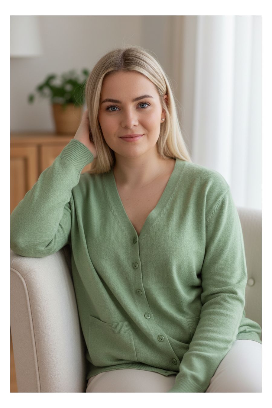 Gilet vert pomme Cardigan Maille Douce - Col V - 1