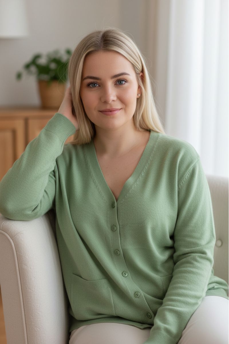 Gilet vert pomme Cardigan Maille Douce - Col V - 1