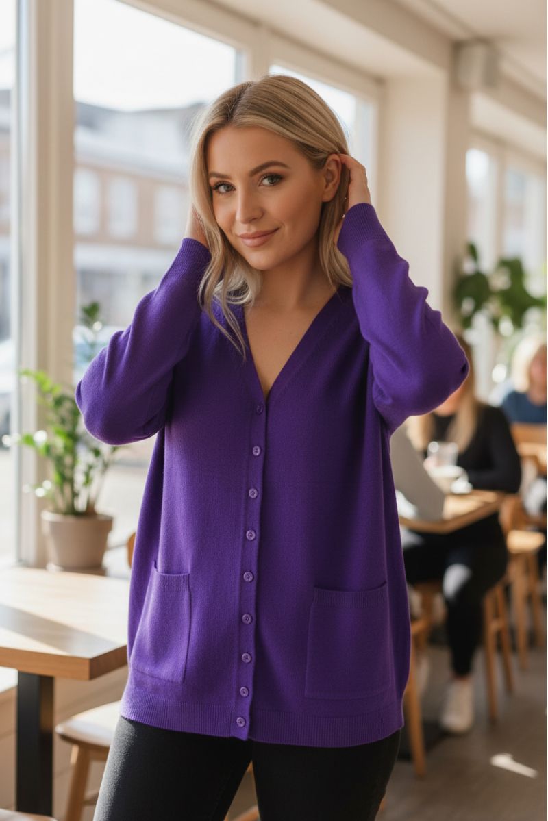 Gilet violet Cardigan Maille Douce - Col V - 1