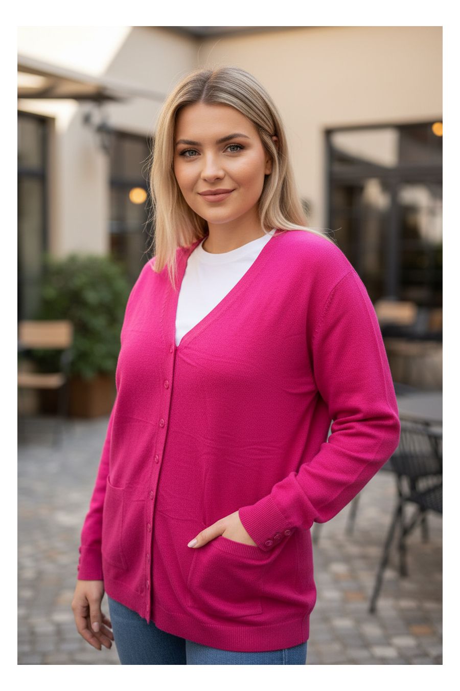 Gilet fuschia Cardigan Maille Douce - Col V - 1