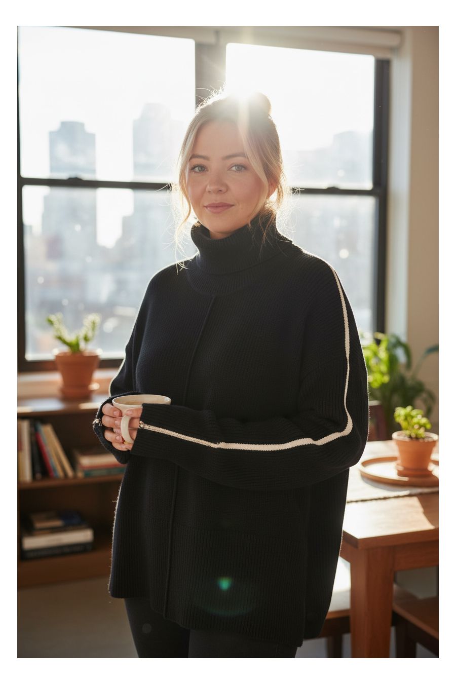 copy of  Very stretchy ribbed knit sweater: High collar, puffed sleeves and subtle details for a trendy look - 1