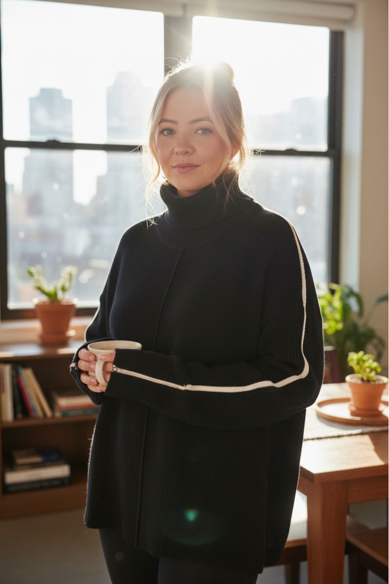 copy of  Very stretchy ribbed knit sweater: High collar, puffed sleeves and subtle details for a trendy look - 1