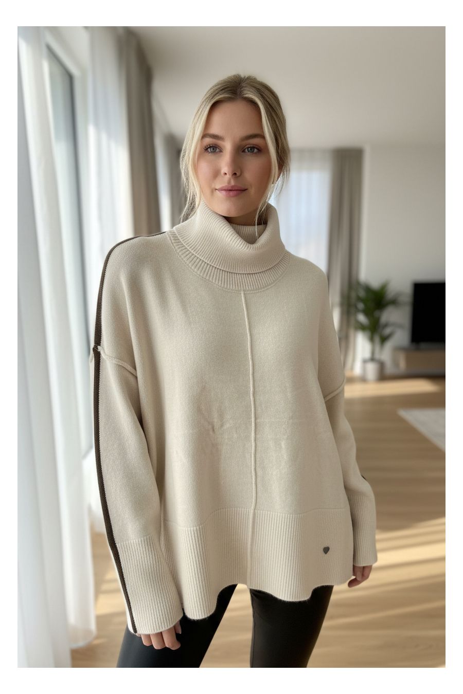 copy of  copy of  Very stretchy ribbed knit sweater: High collar, puffed sleeves and subtle details for a trendy look - 1