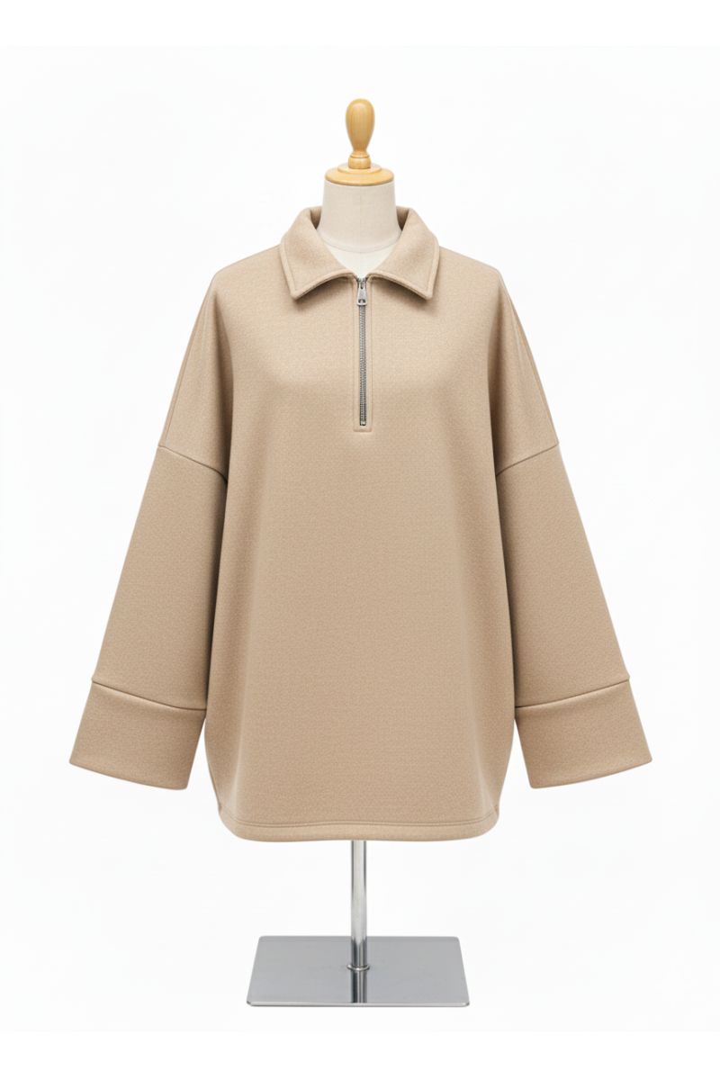 Sweat beige Oversize à Col Zippé – Douceur & Style Italien
