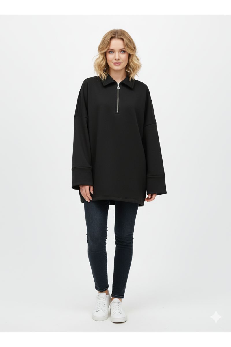 Sweat noir Oversize à Col Zippé – Douceur & Style Italien
