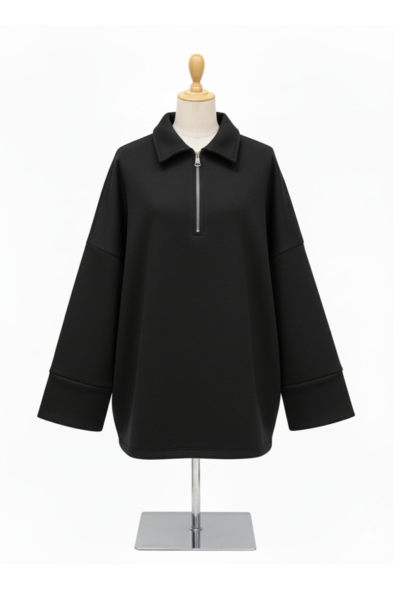 Sweat noir Oversize à Col Zippé – Douceur & Style Italien