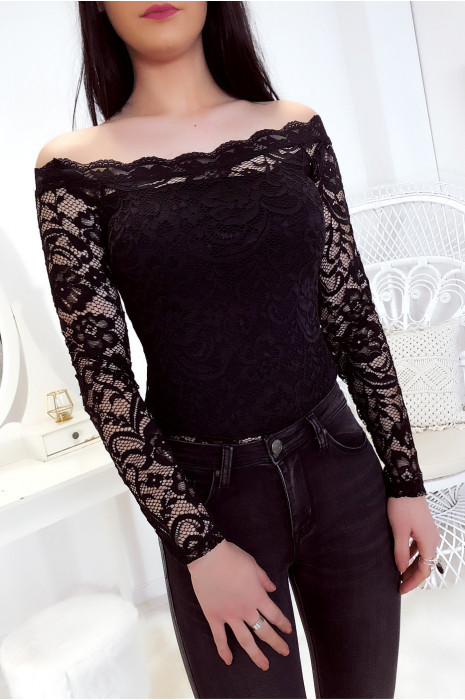 Body noir en dentelle avec col bateau - 2