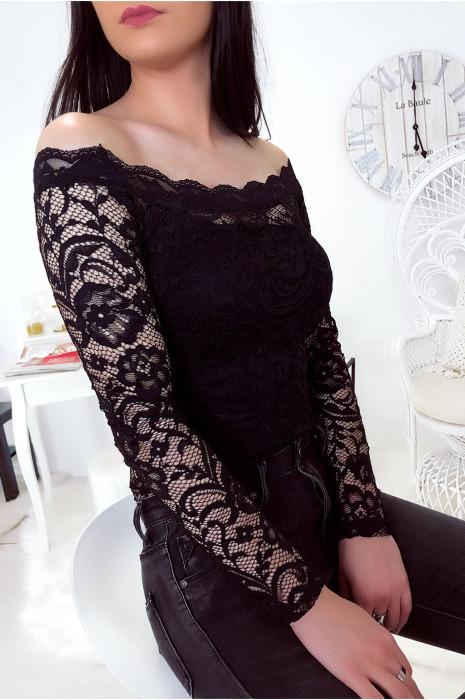 Body noir en dentelle avec col bateau - 4