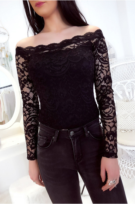 Body noir en dentelle avec col bateau - 7