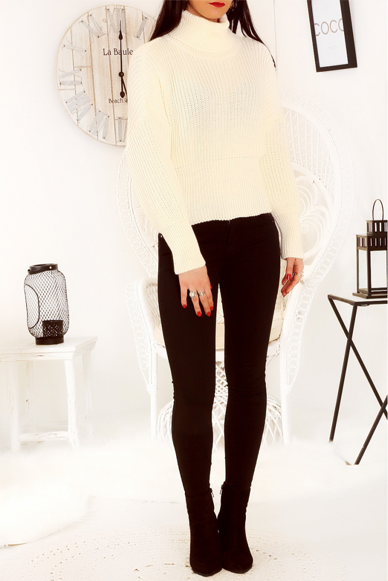 Joli pull col roulé cintré à la taille en beige. Pull femme fashion - 5