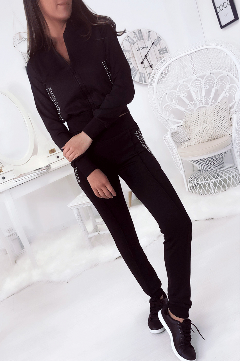 Black sports set, jacket and jogging pants with rhinestones on the pockets. 8157 - 2