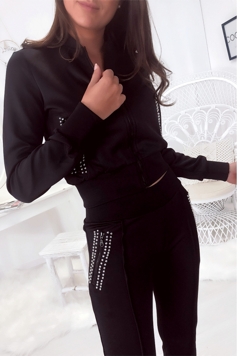 Black sports set, jacket and jogging pants with rhinestones on the pockets. 8157 - 3
