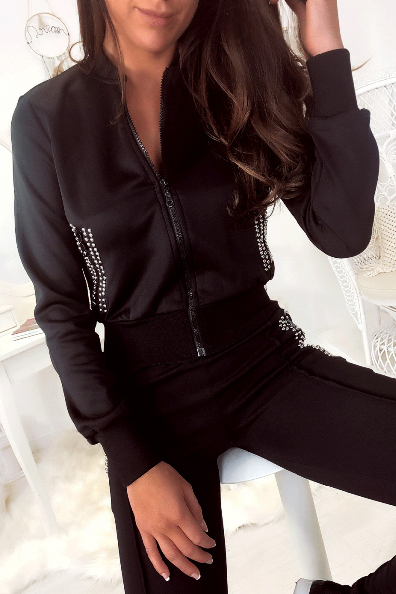 Black sports set, jacket and jogging pants with rhinestones on the pockets. 8157 - 7