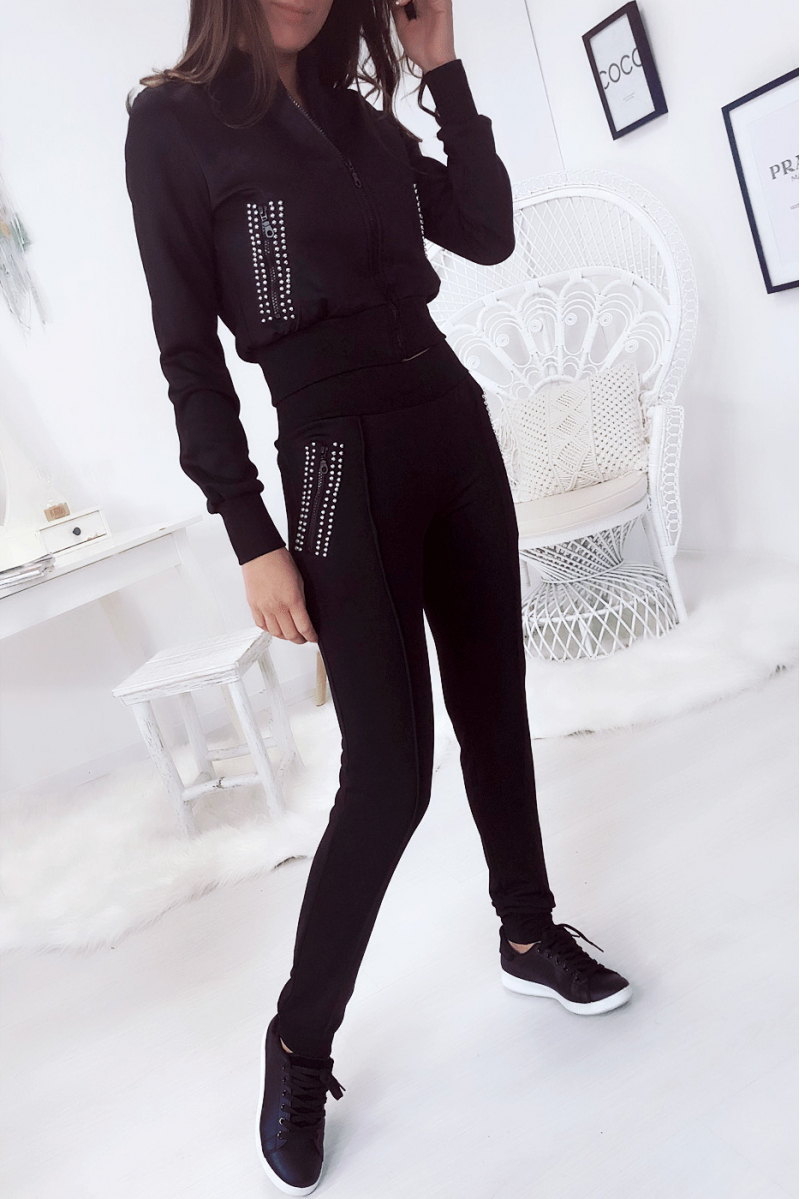 Black sports set, jacket and jogging pants with rhinestones on the pockets. 8157 - 9