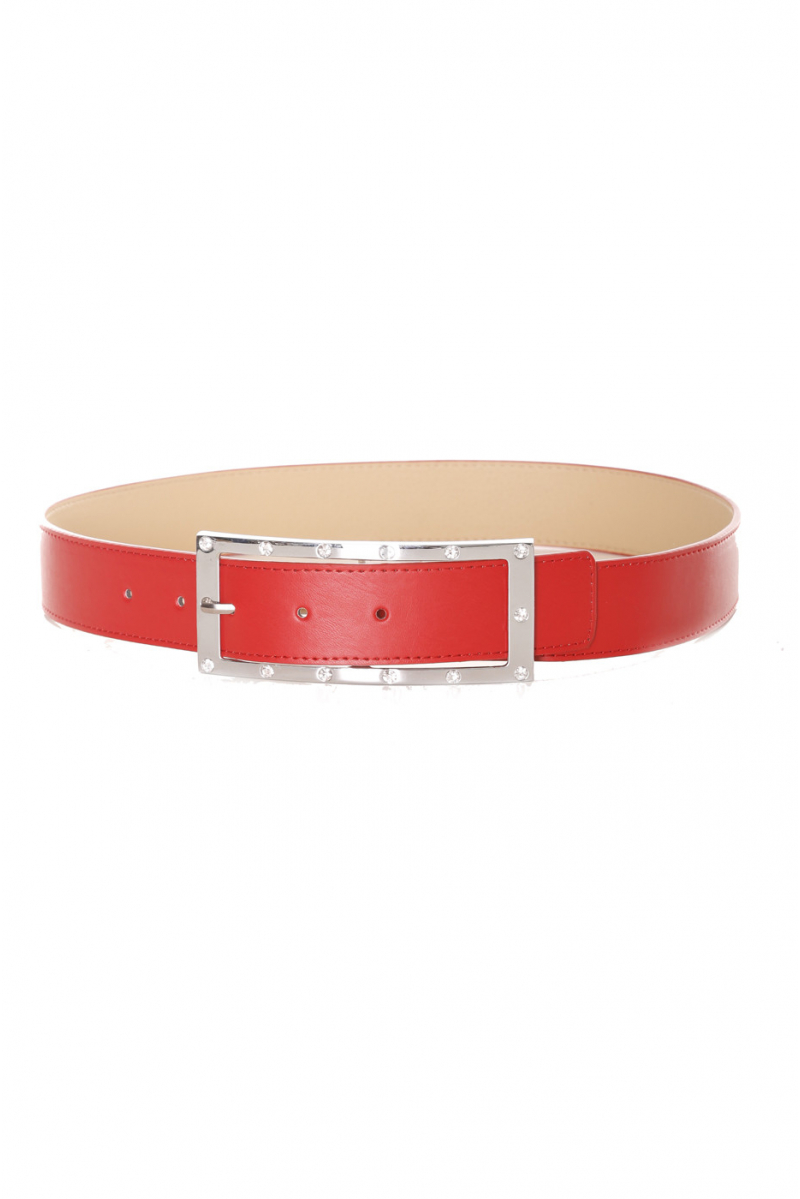 Red belt with buckle and rhinestones - 9008 - 1