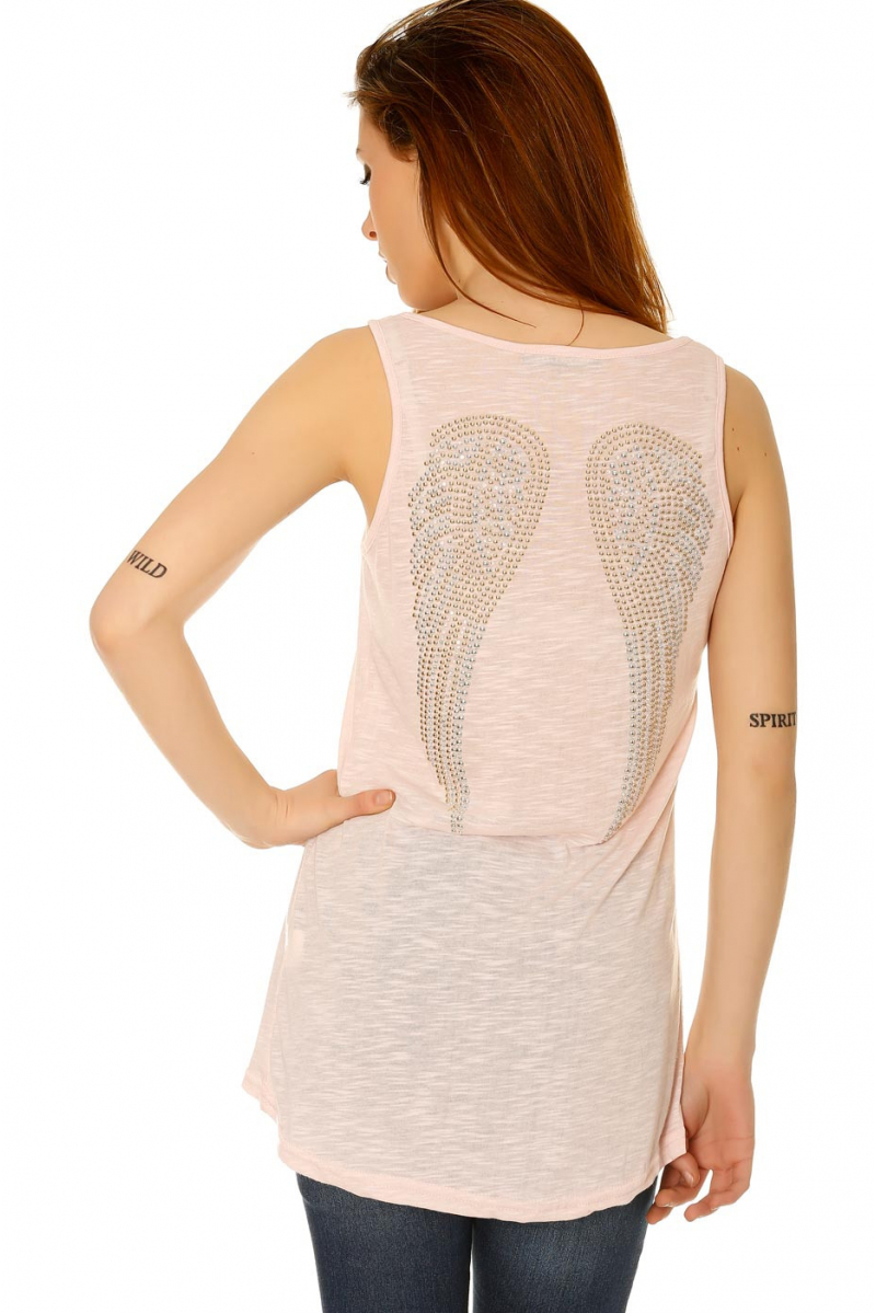 Tank Top with Zip and Rhinestones Angel Wings on the Back - 5