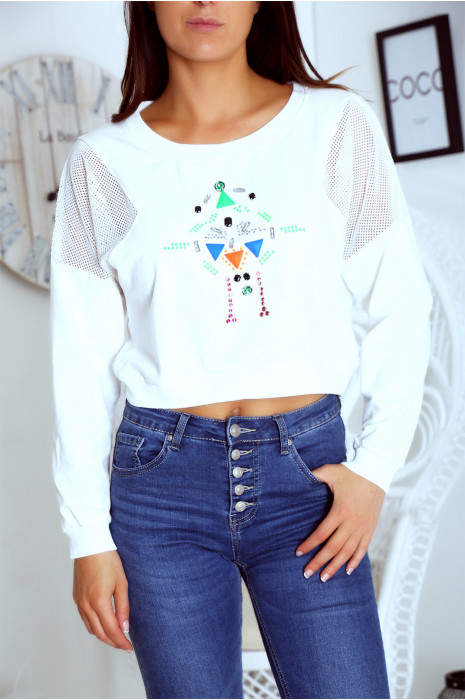 Witte top met strass steentjes en versieringen. Vrouw mode. 18810 - 2