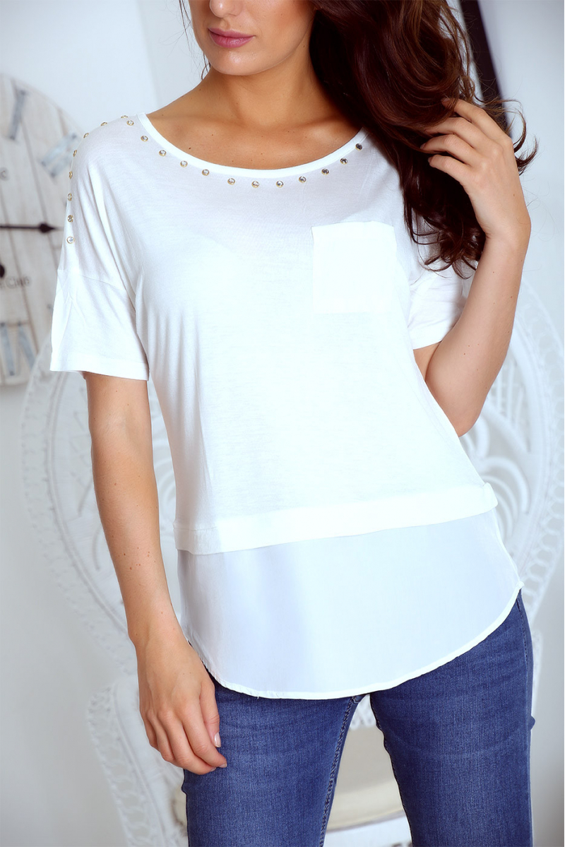 T shirt blanc bi matière avec strass et poche - 2