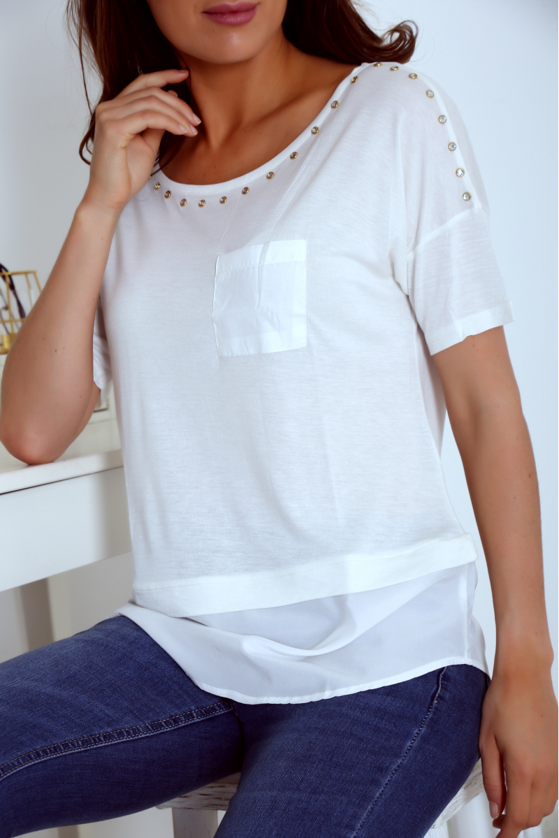 T shirt blanc bi matière avec strass et poche - 6