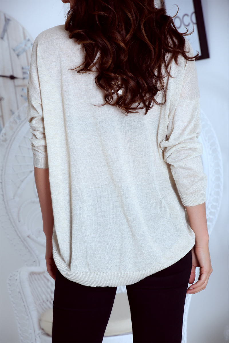 Top beige léger à encolure et poche en simili - 4