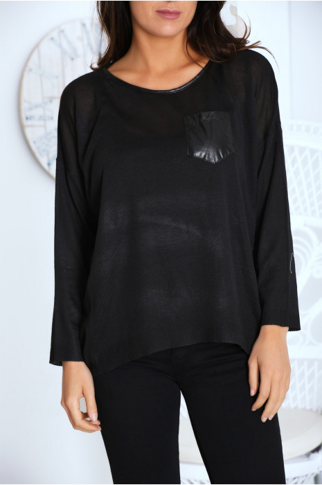 Top noir léger à encolure et poche en simili - 1