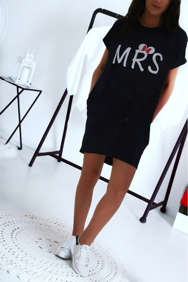 Robe T-shirt marine avec écriture MRS et poche,. Robe tunique  ultra agréable à porter - 1
