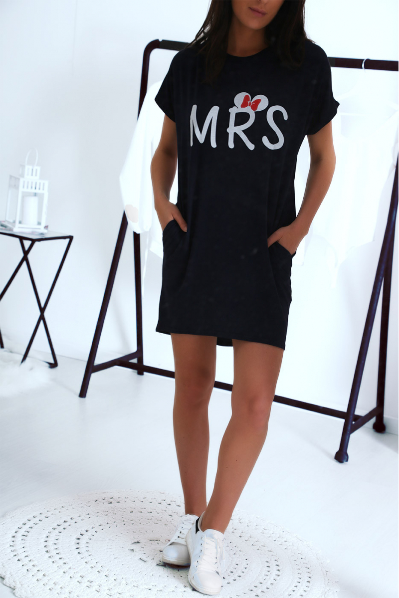 Robe T-shirt marine avec écriture MRS et poche,. Robe tunique  ultra agréable à porter - 3