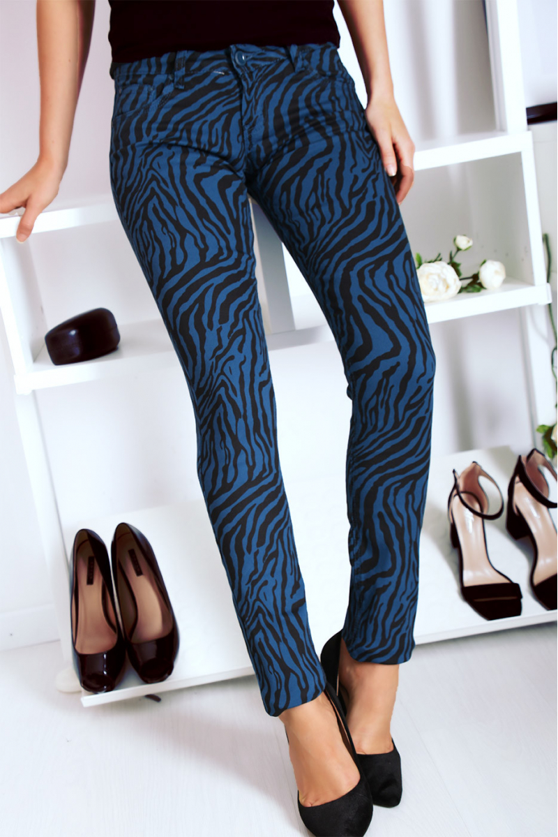 Pantalon Jeans bleu extensible avec poche et motif noir S1317D - 1
