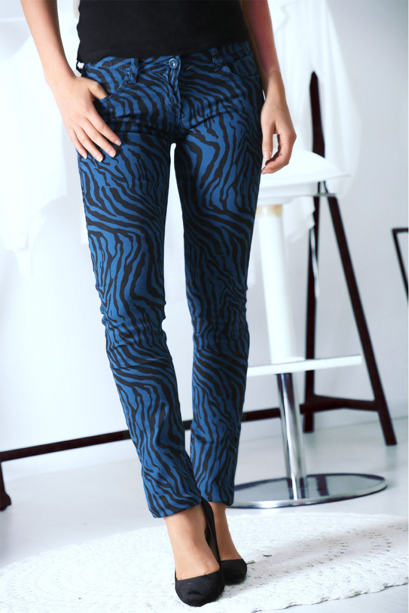Pantalon Jeans bleu extensible avec poche et motif noir S1317D - 4