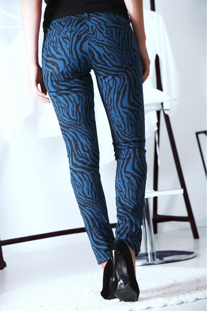 Pantalon Jeans bleu extensible avec poche et motif noir S1317D - 8
